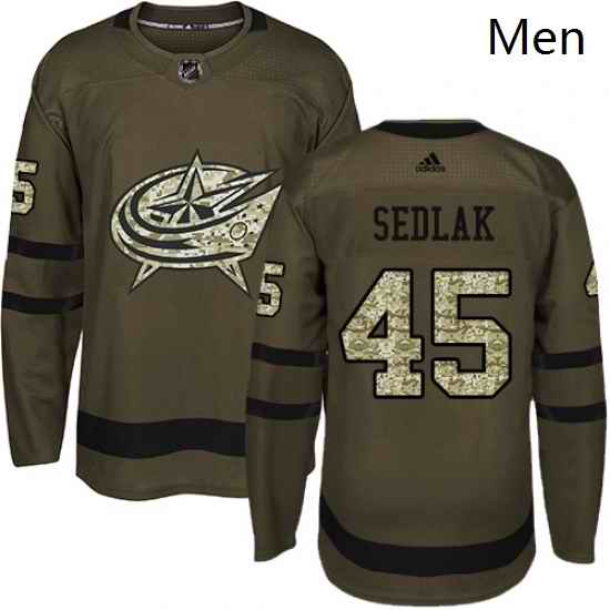 Mens Adidas Columbus Blue Jackets 45 Lukas Sedlak Authentic Green Salute to Service NHL Jersey